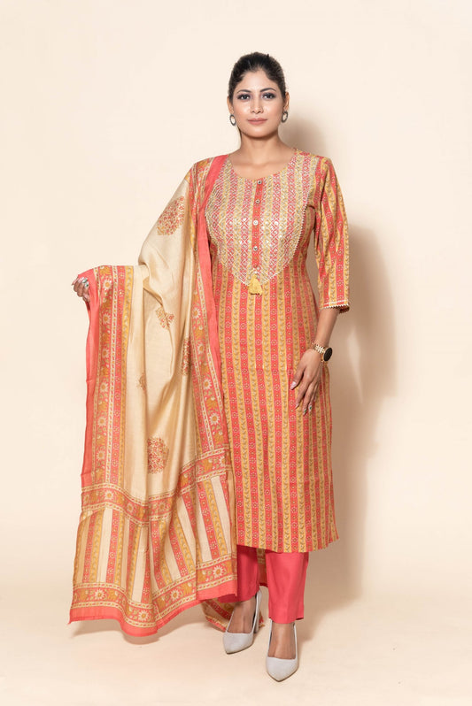 Stand Out In This Stunning Orange & Mustard Modal Silk Suit