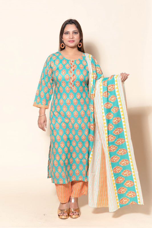 Adorable Blue and Orange Printed Cotton Suit