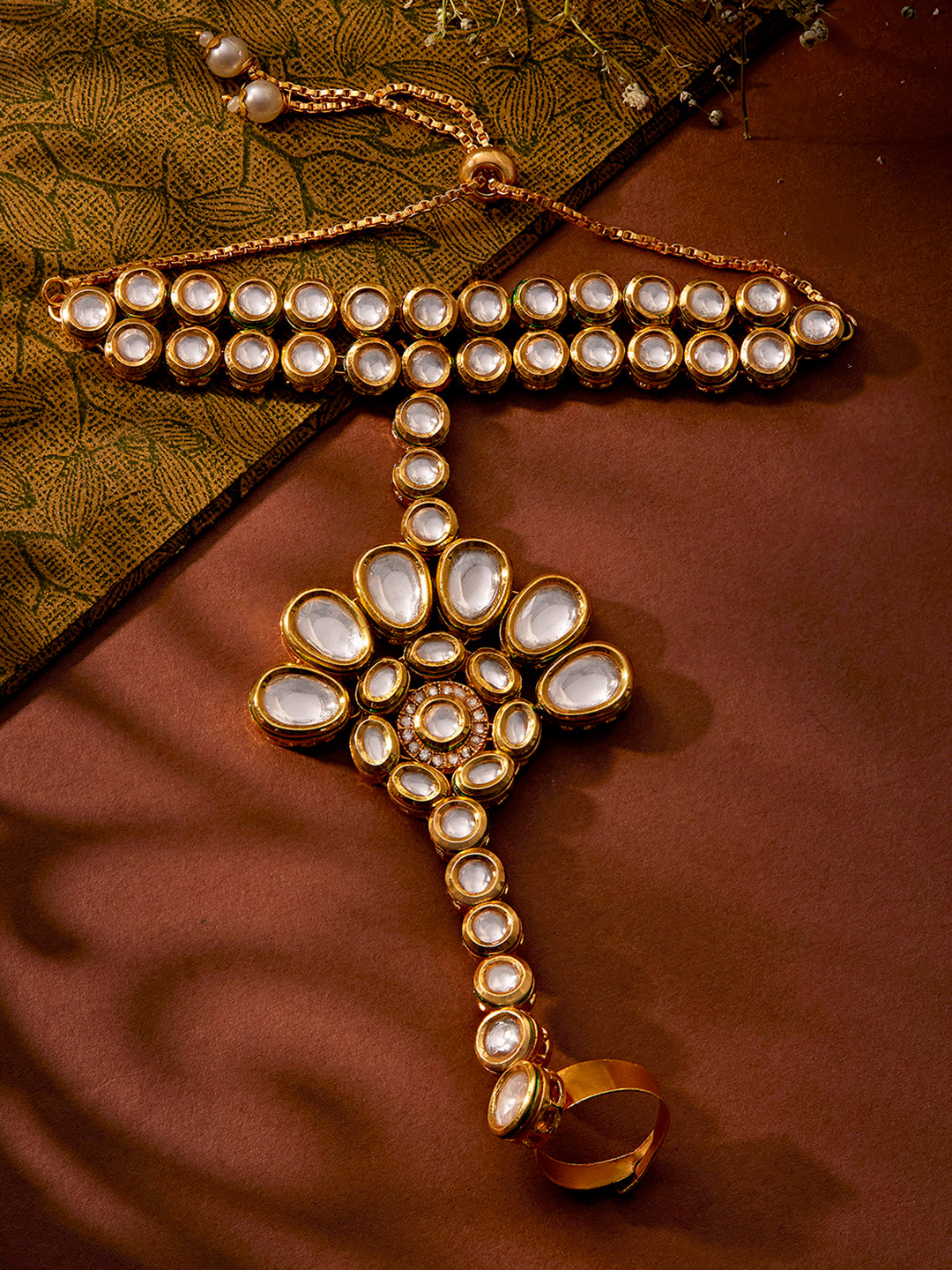 Floral Elegance Kundan Gold Plated Elegance Adjustable Hathphool