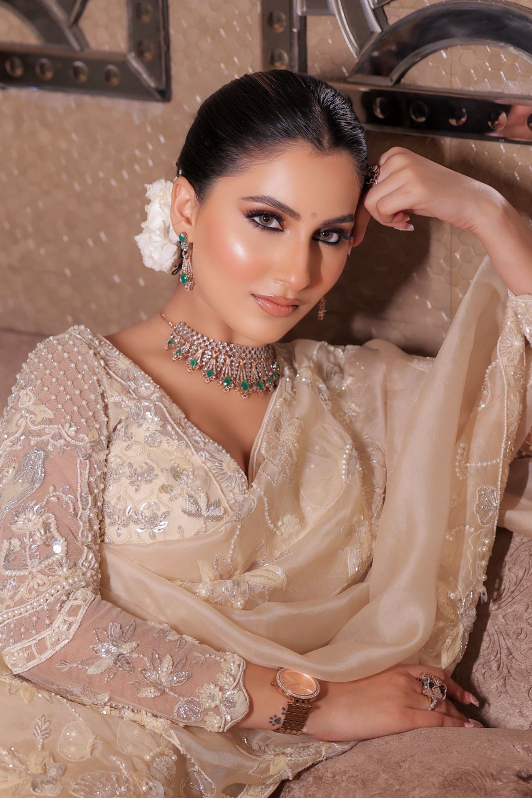 classy cream color floral motif embroidered saree