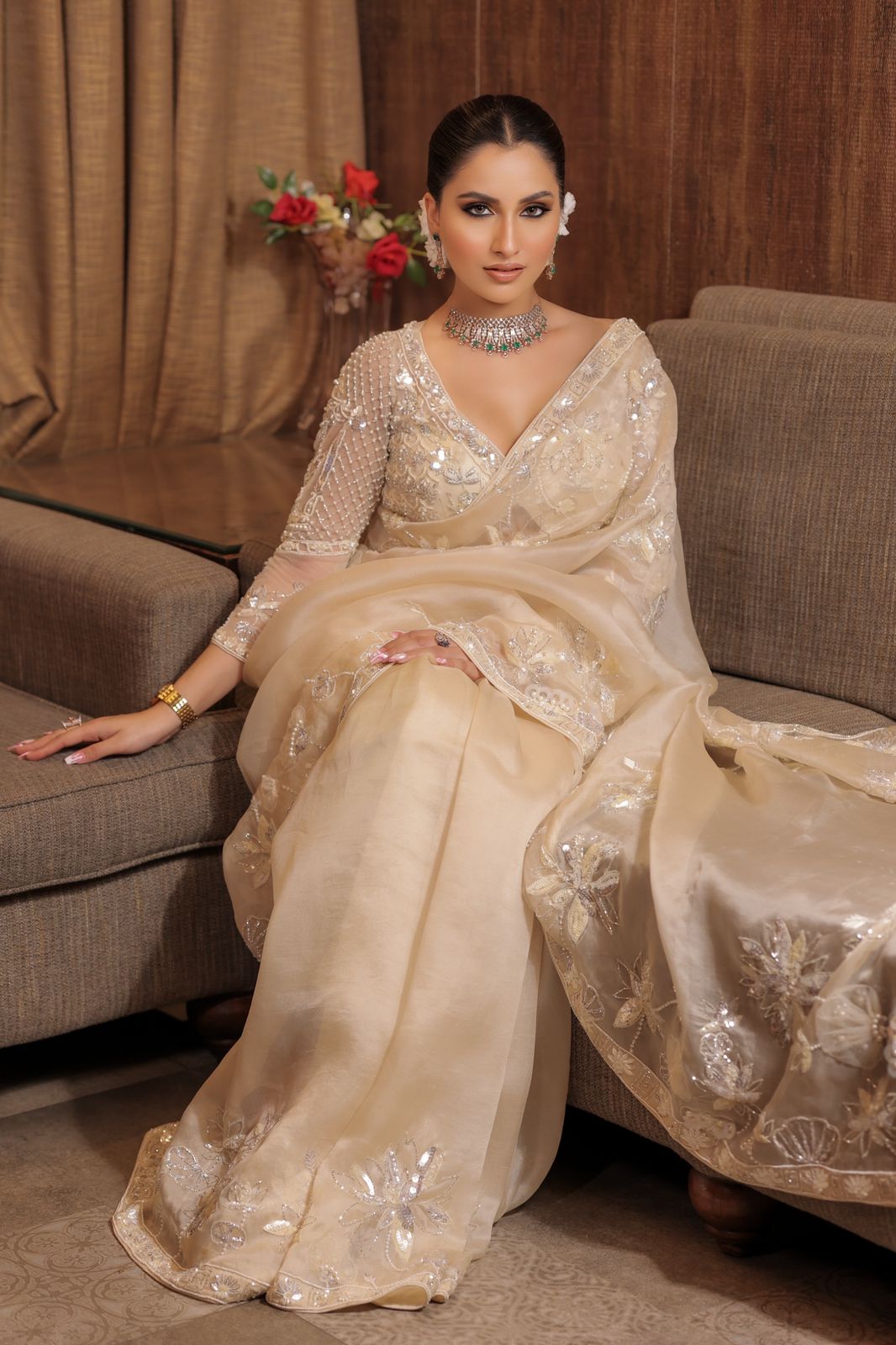 classy cream color floral motif embroidered saree