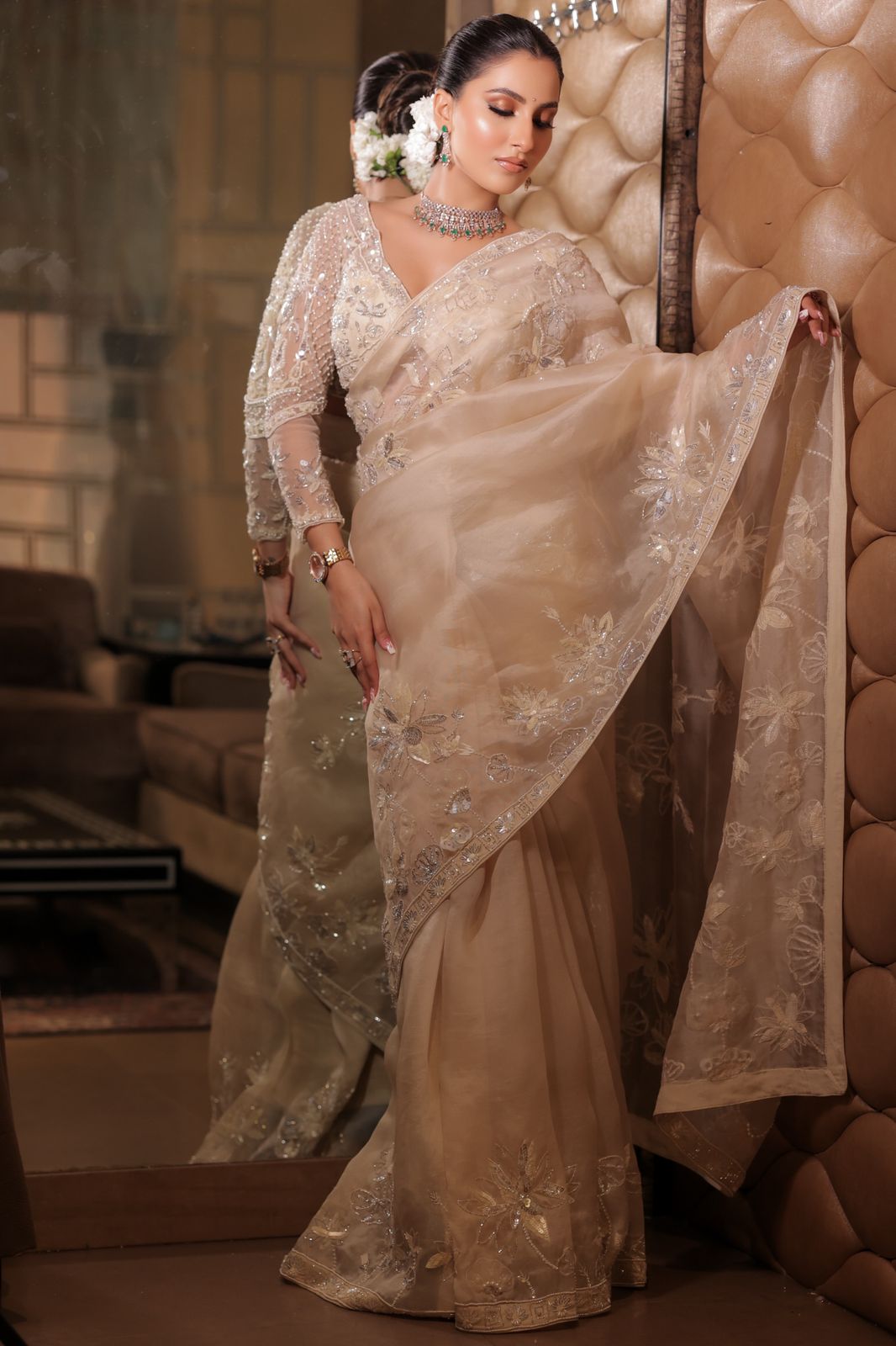 classy cream color floral motif embroidered saree