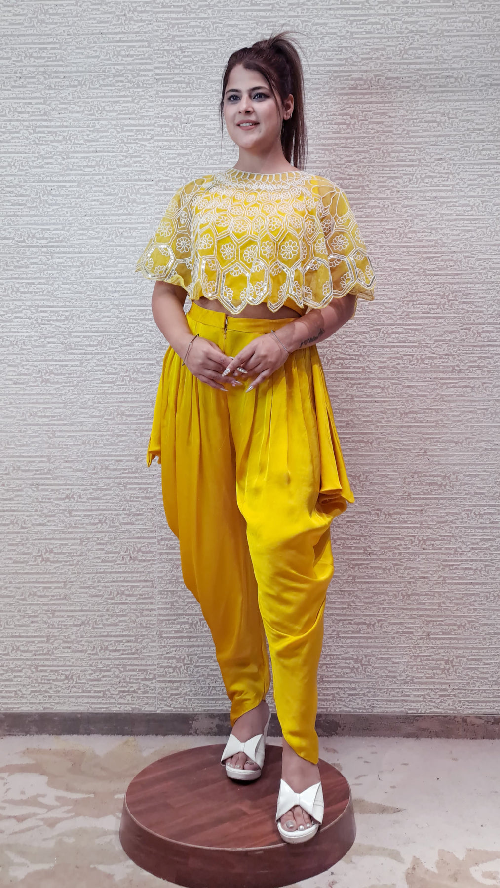 Charming Cape Dhoti Set In Sunshine Yellow Colour