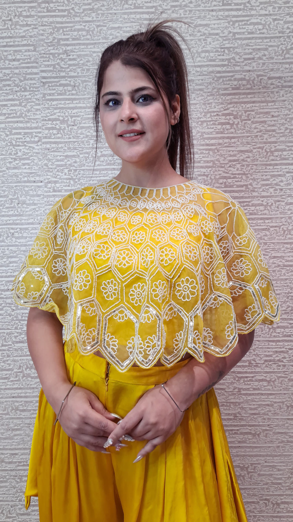 Charming Cape Dhoti Set In Sunshine Yellow Colour