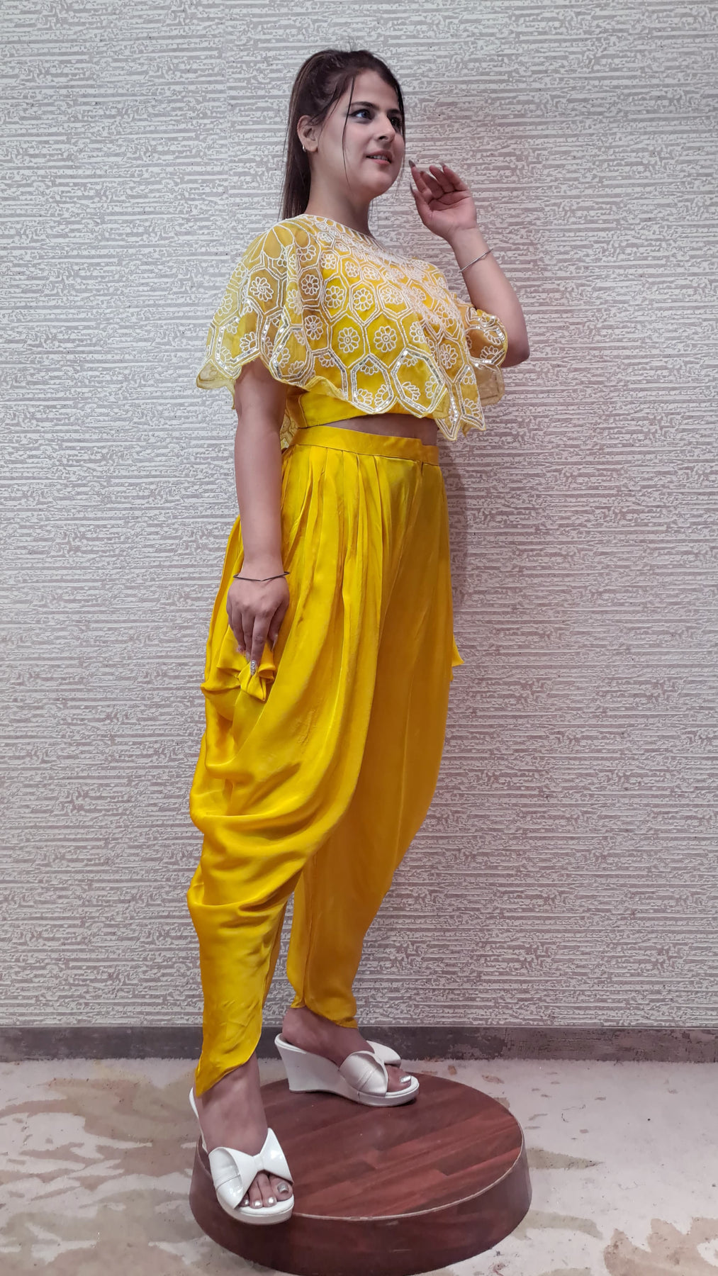 Charming Cape Dhoti Set In Sunshine Yellow Colour