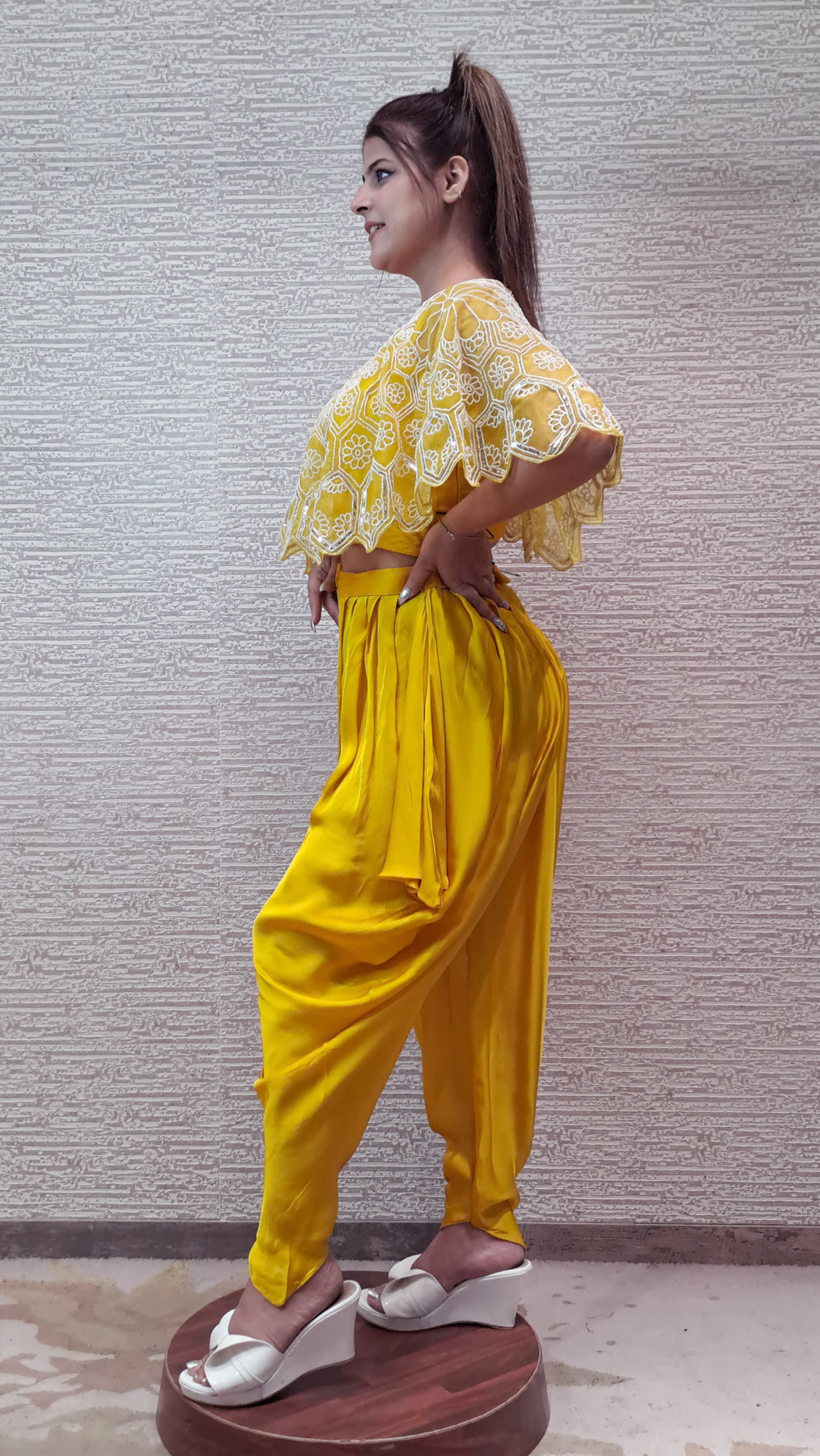 Charming Cape Dhoti Set In Sunshine Yellow Colour