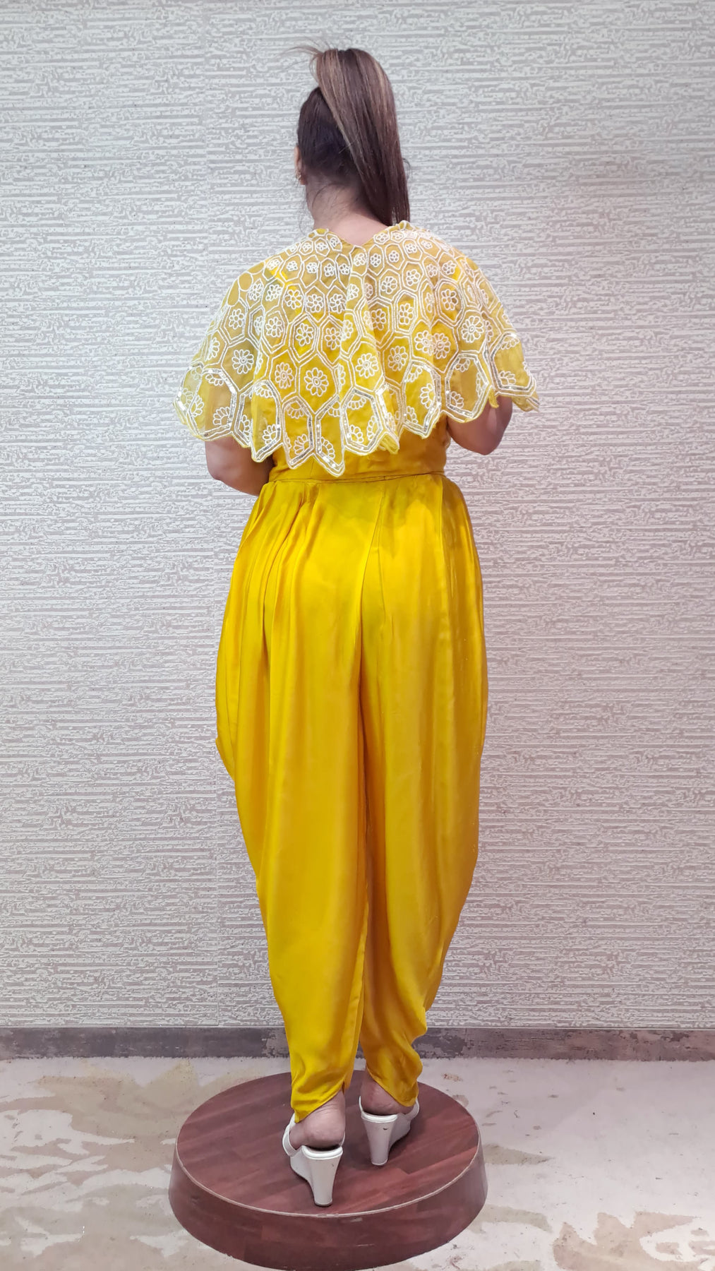 Charming Cape Dhoti Set In Sunshine Yellow Colour