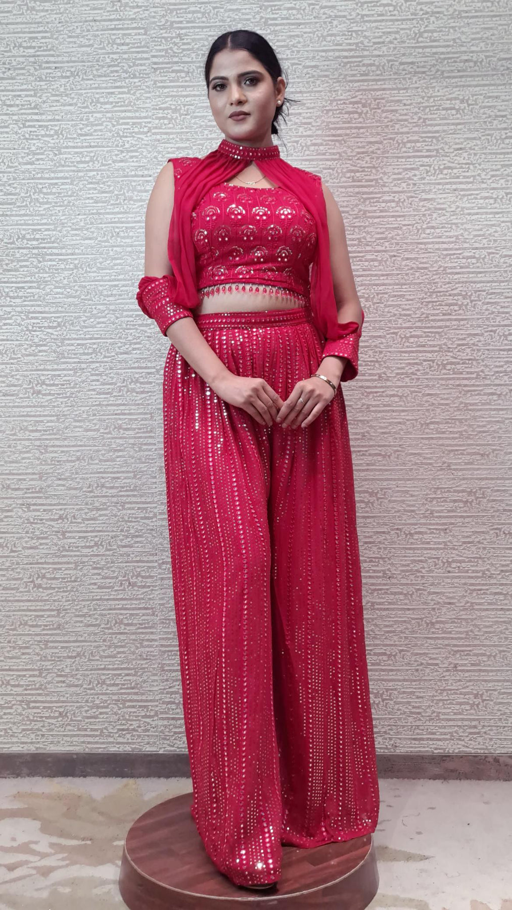 Mirror Work Dazzling Red Set With Detachable Sleeves And Afghani Pants