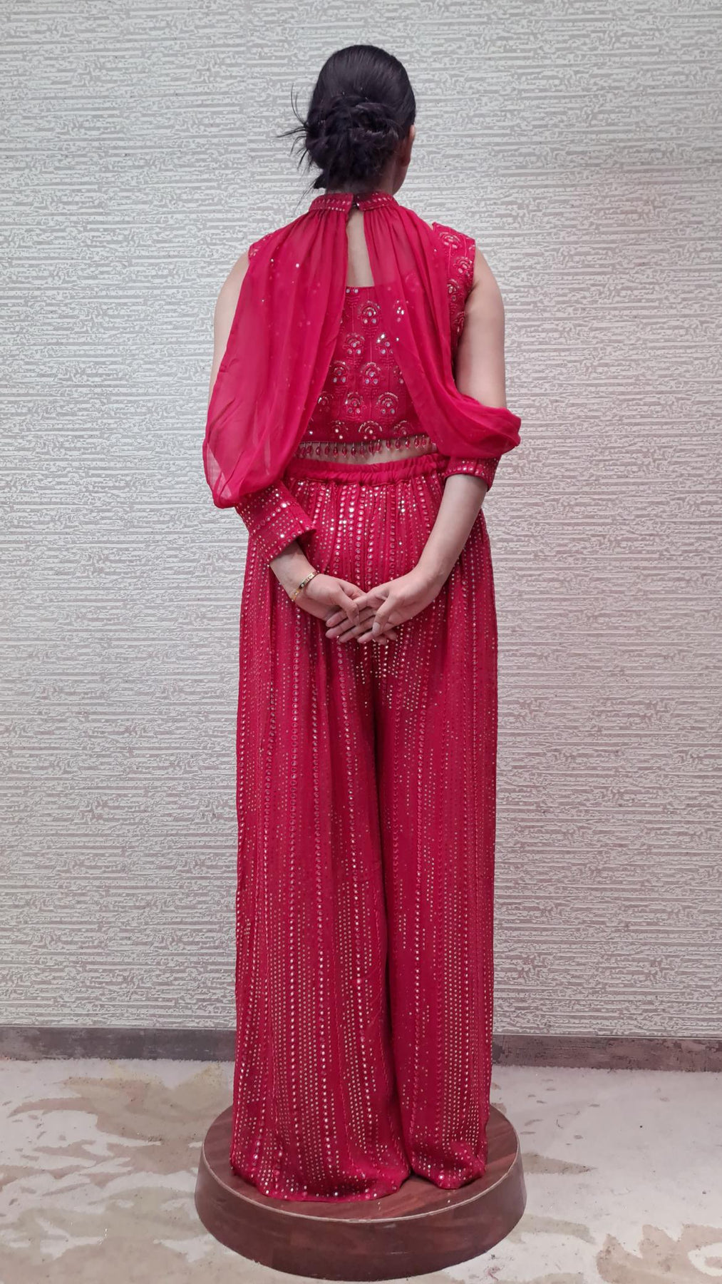 Mirror Work Dazzling Red Set With Detachable Sleeves And Afghani Pants