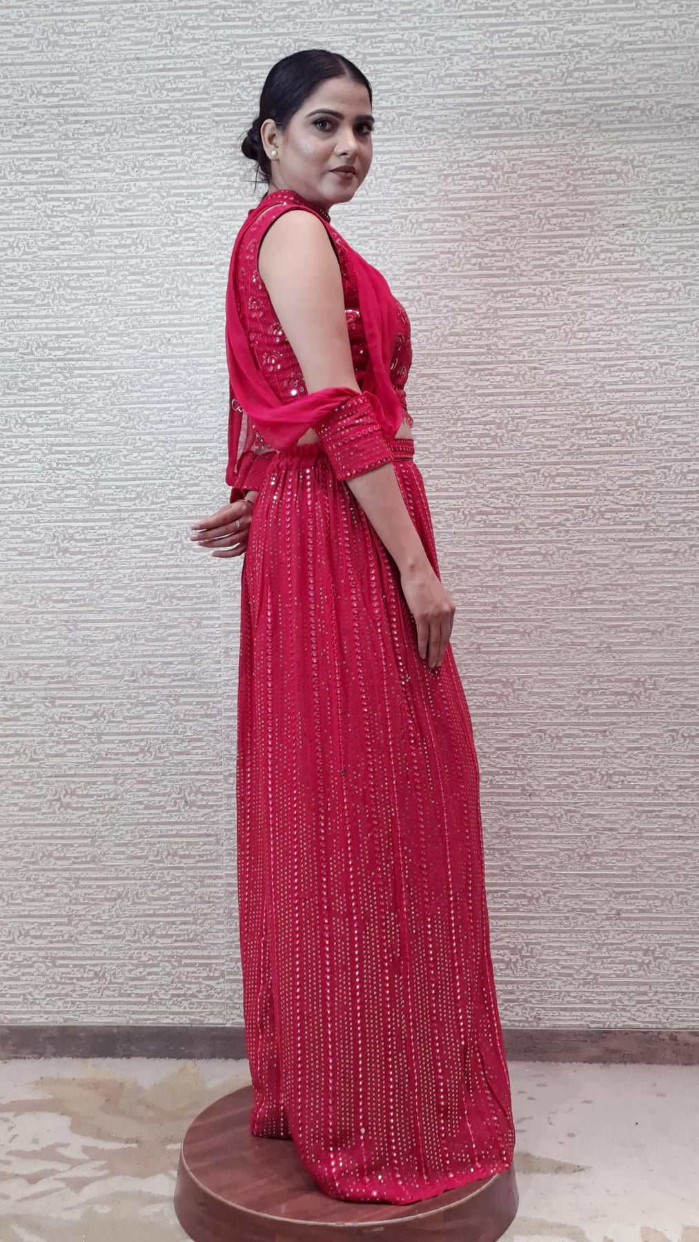 Mirror Work Dazzling Red Set With Detachable Sleeves And Afghani Pants