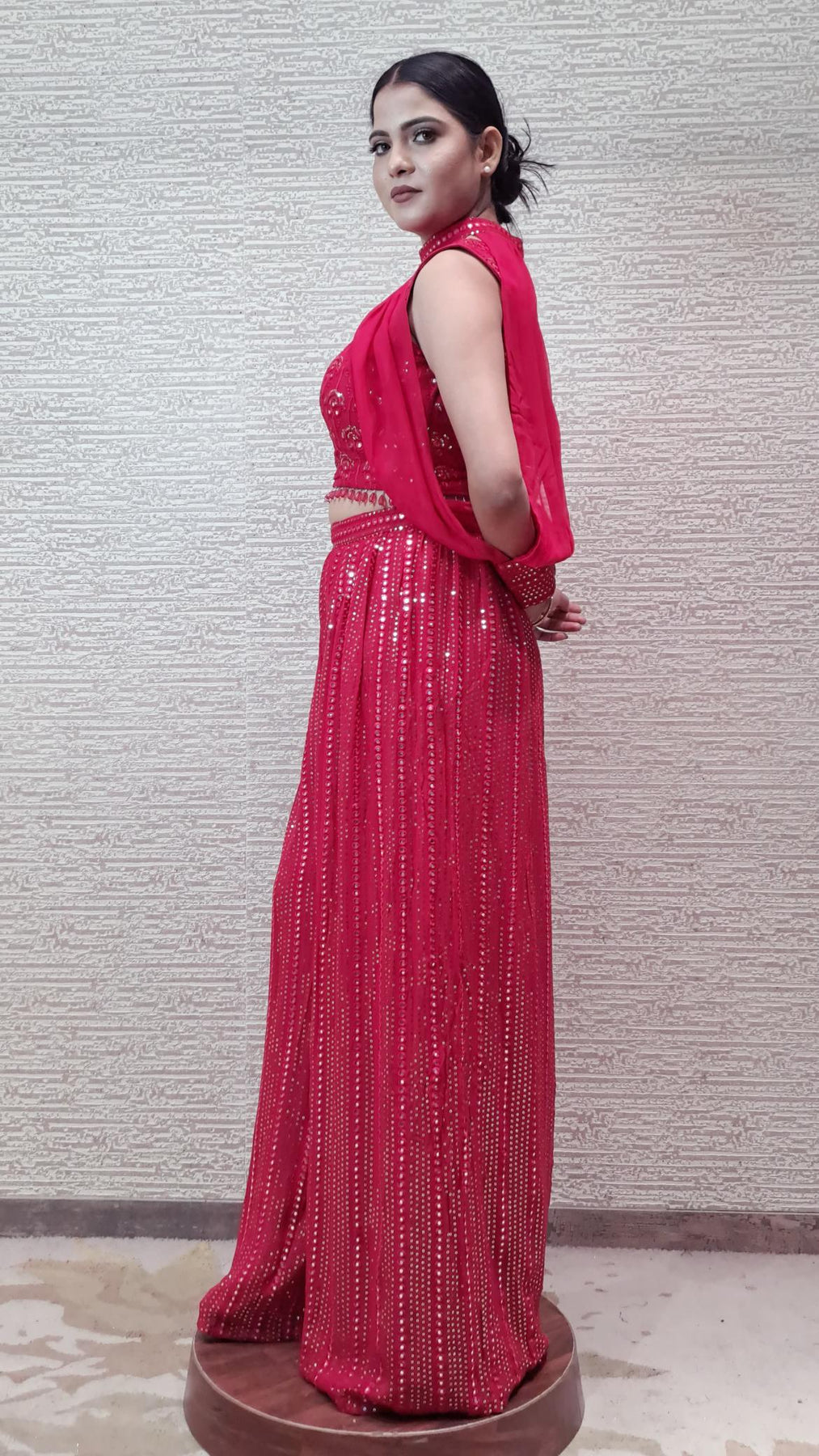 Mirror Work Dazzling Red Set With Detachable Sleeves And Afghani Pants