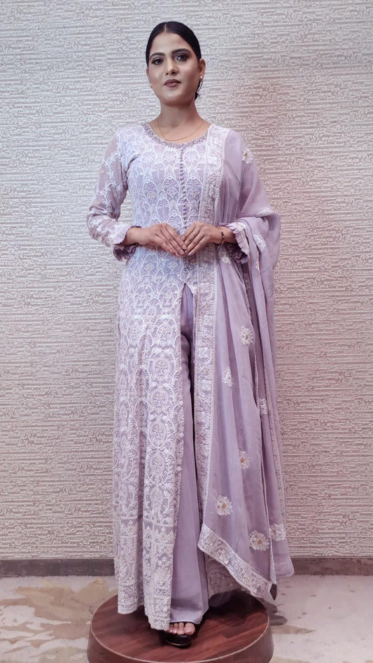 A Line Georgette Suit In Litac Hues With Ivory Resham Threadwork