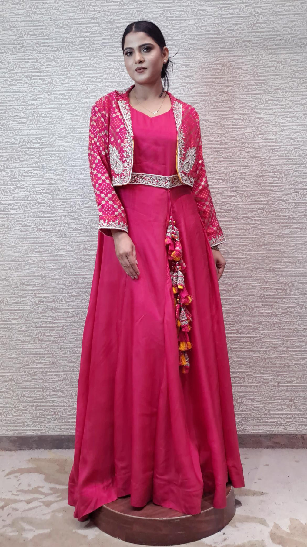 Enchanting Pink Gown With Bandhej Jacket In Zari And Pearl Beadwork