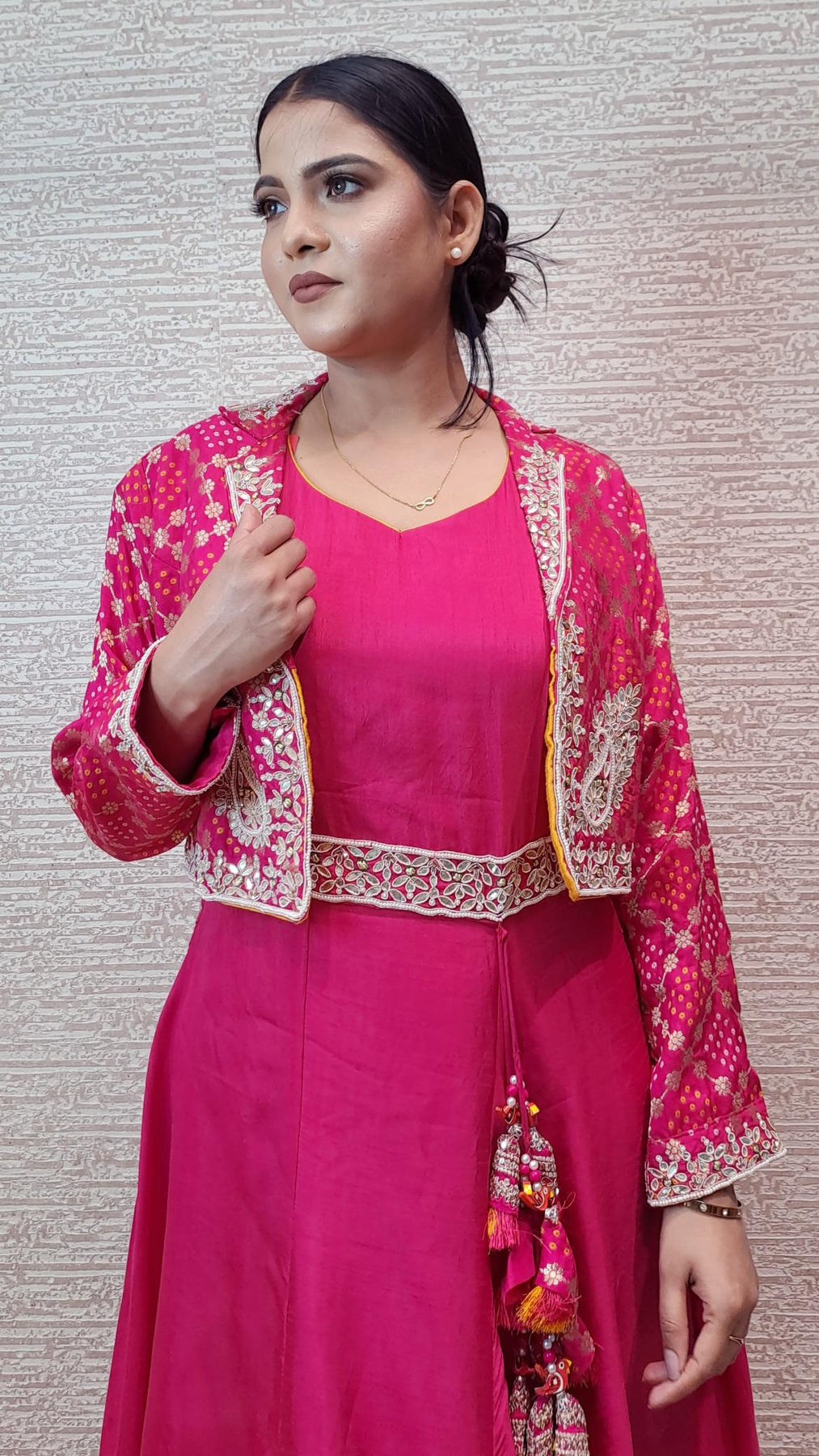 Enchanting Pink Gown With Bandhej Jacket In Zari And Pearl Beadwork