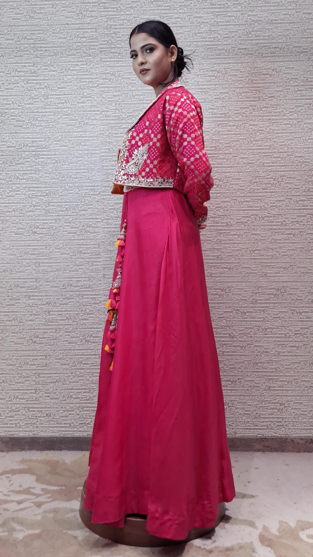 Enchanting Pink Gown With Bandhej Jacket In Zari And Pearl Beadwork