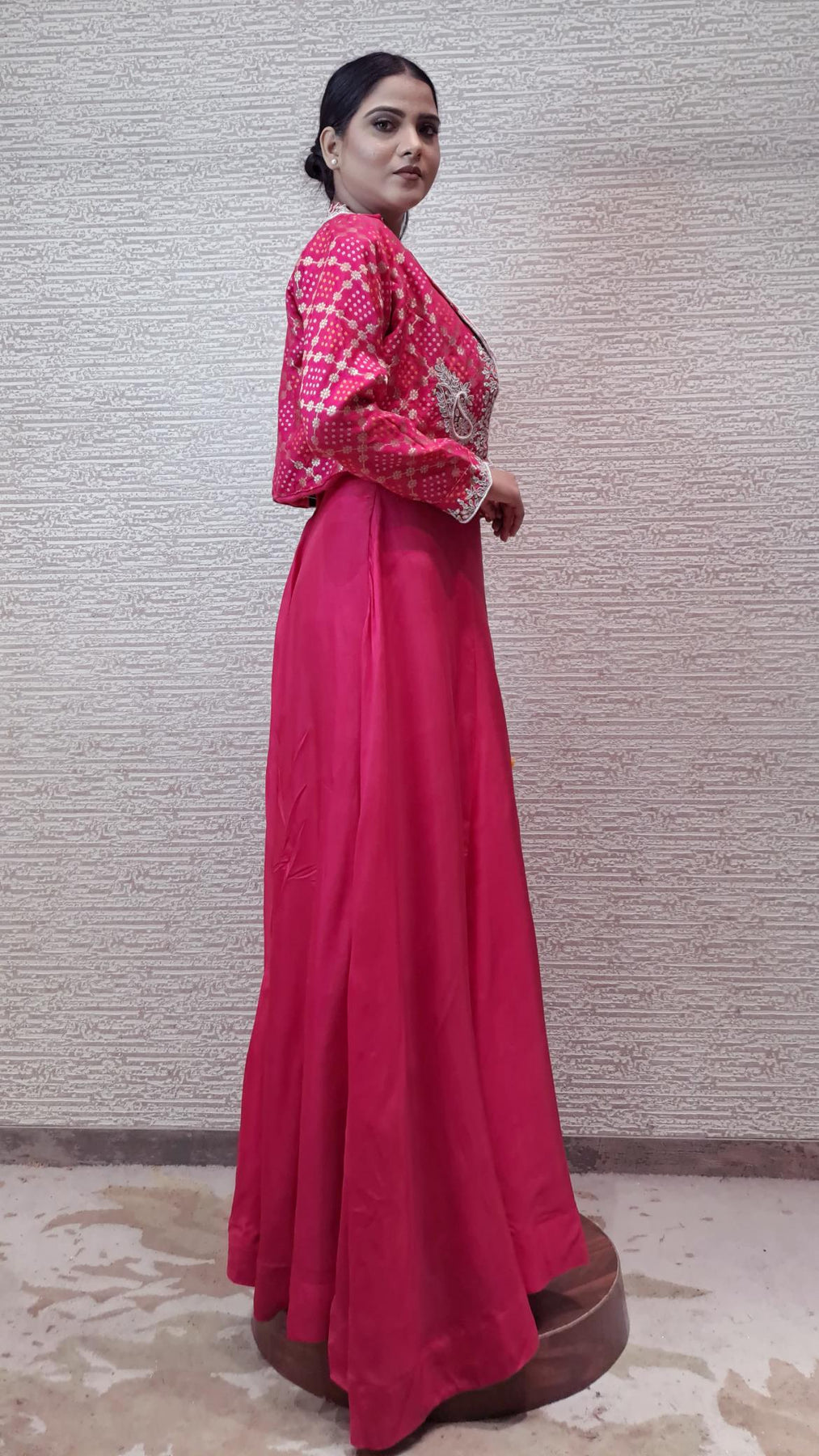 Enchanting Pink Gown With Bandhej Jacket In Zari And Pearl Beadwork