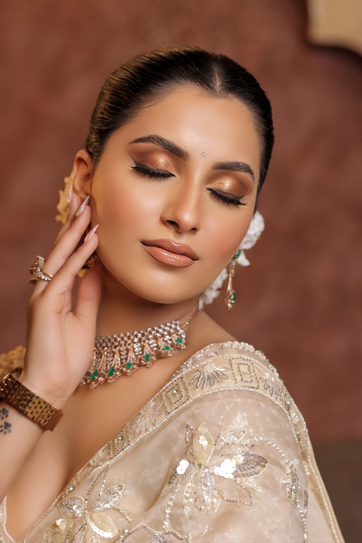 classy cream color floral motif embroidered saree