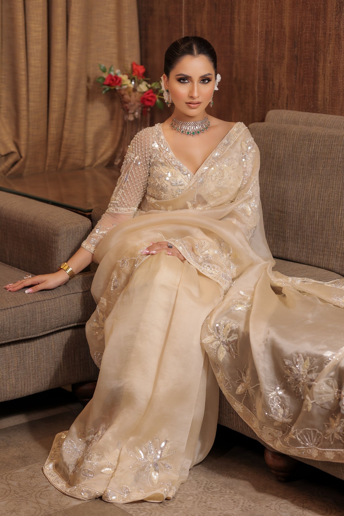 classy cream color floral motif embroidered saree