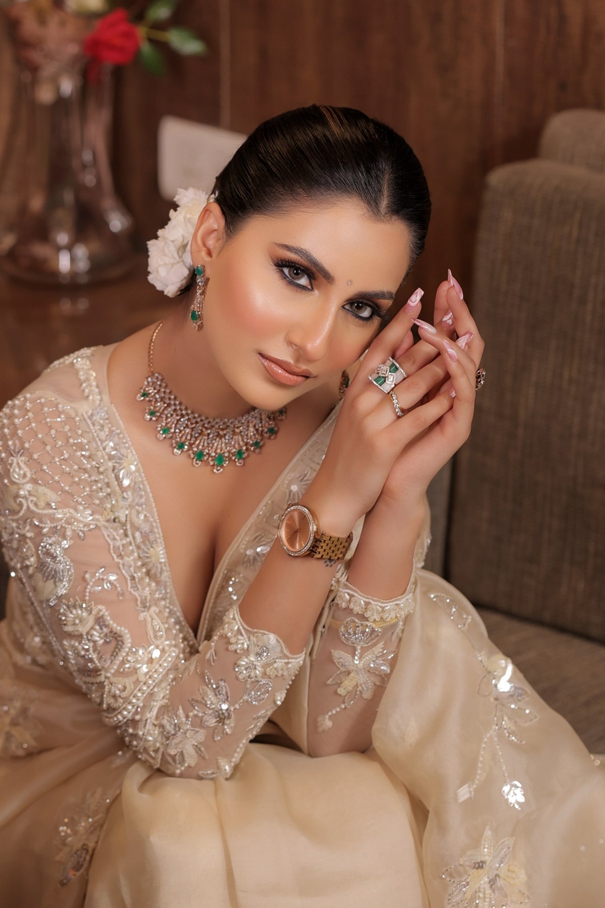 classy cream color floral motif embroidered saree