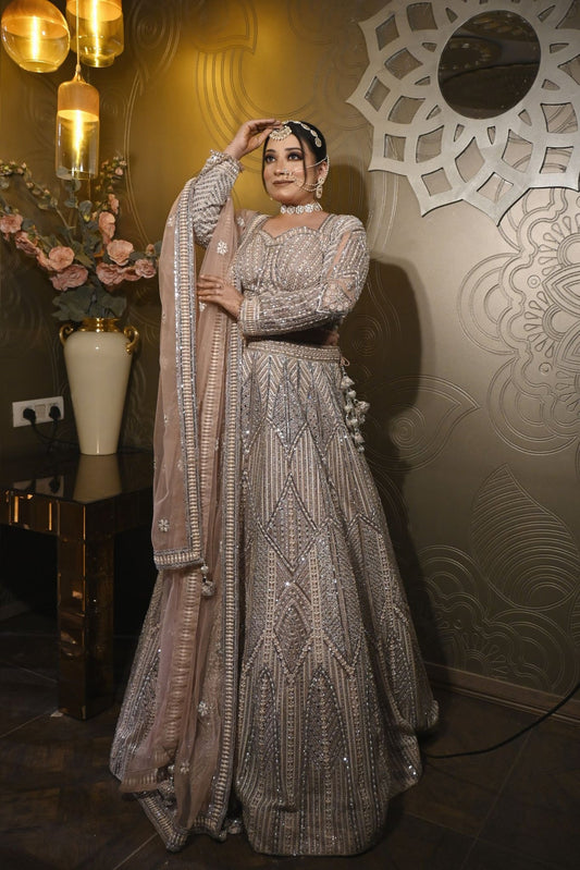 adorable brown color geometrical motif embroidered lehenga