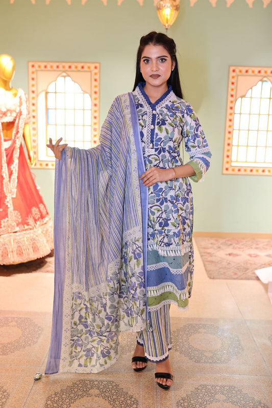 Multi-Color Cotton Kurti with Pant and Dupatta Set