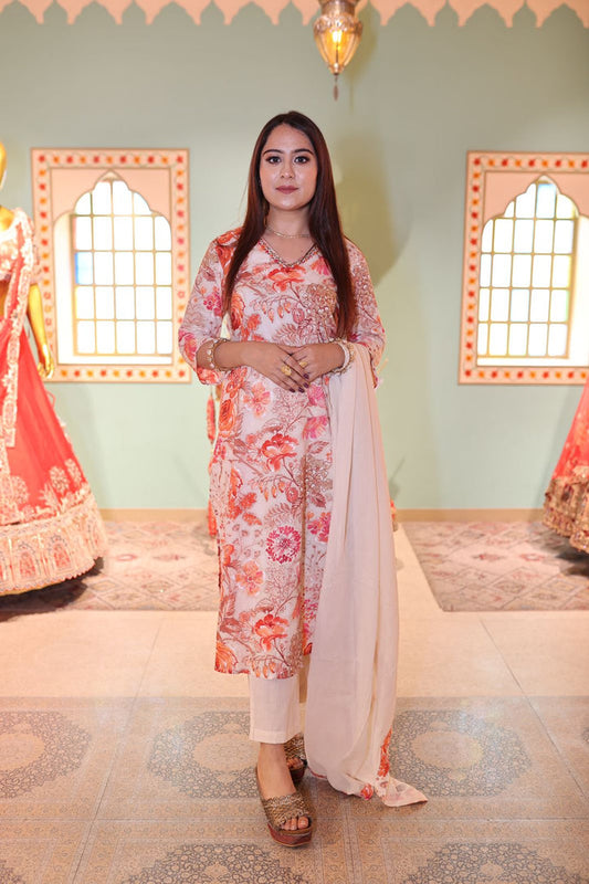 Cream Cotton Kurti with Pant and Dupatta Set