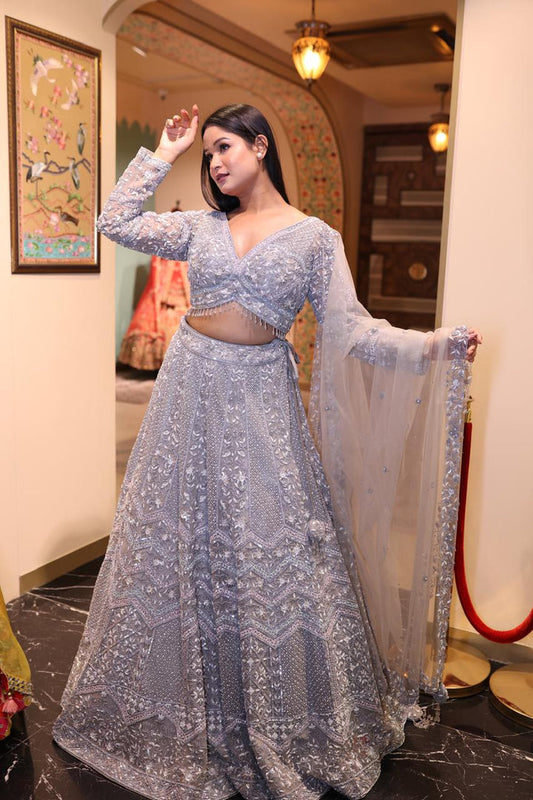 Silver Fancy Net Lehenga