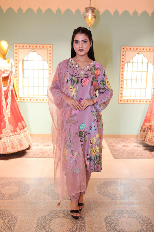 Pale Purple Silk Kurti with Pant and Dupatta