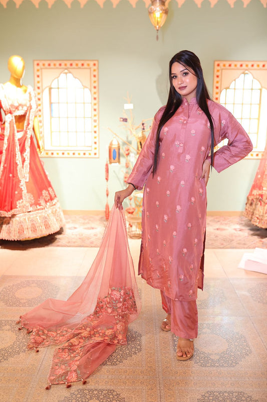 Pink Satin Silk Kurti with Pant and Dupatta