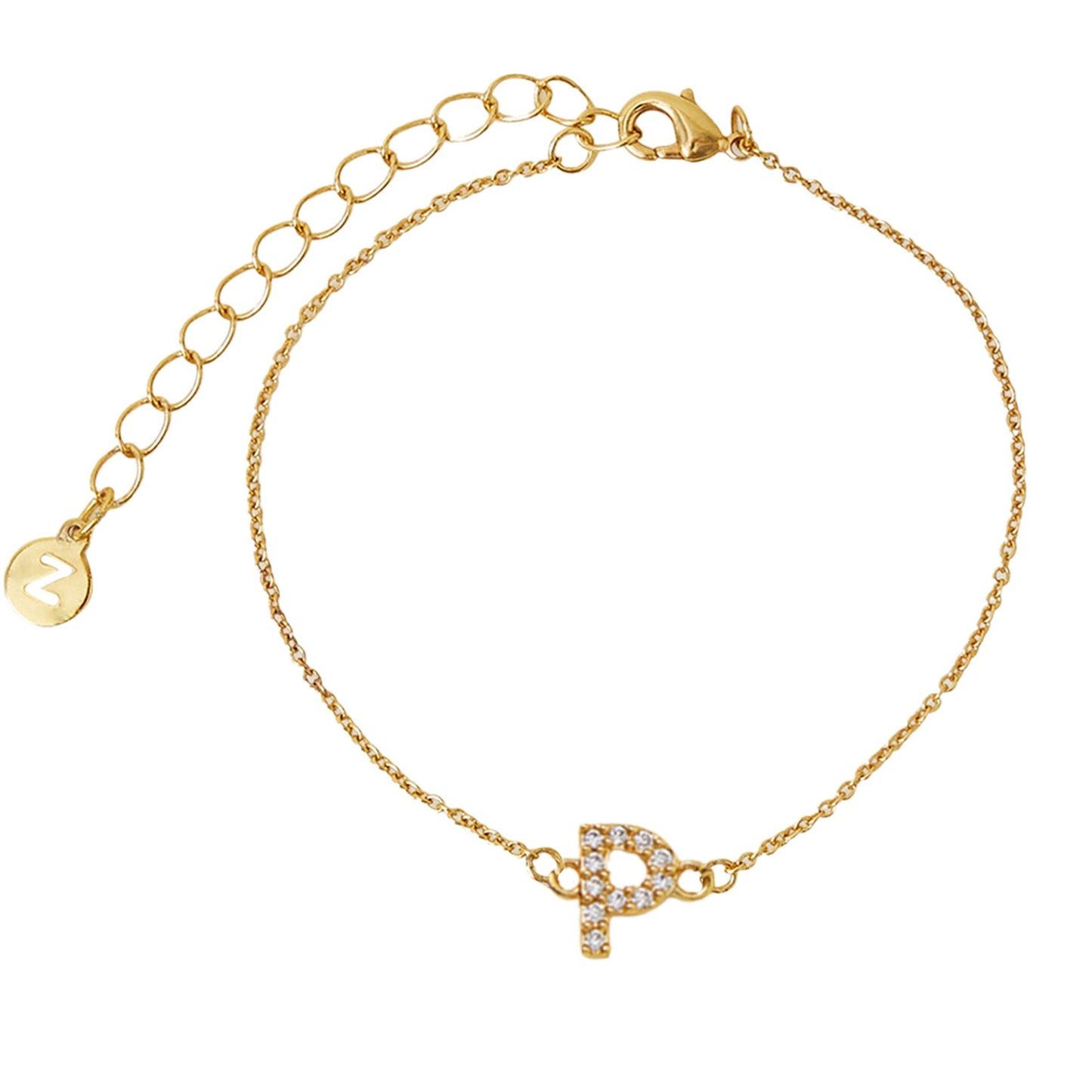 London Women's Z Real Gold Plated Cubic Zirconia Initial Bracelet Letter P