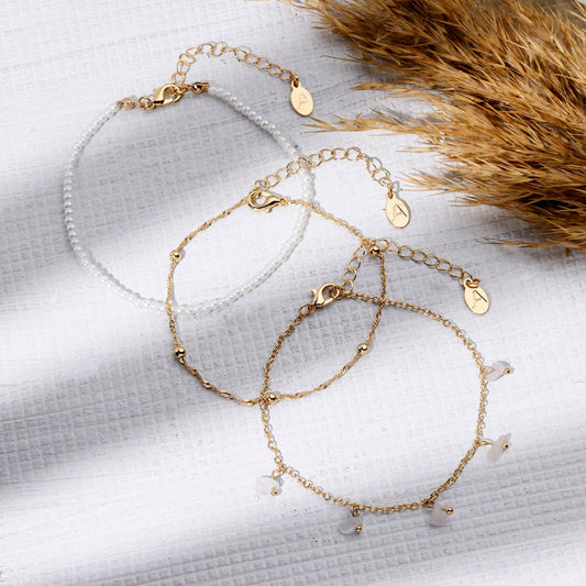 London Women's Gold Faux Pearl Stone Anklets Pack Of 3