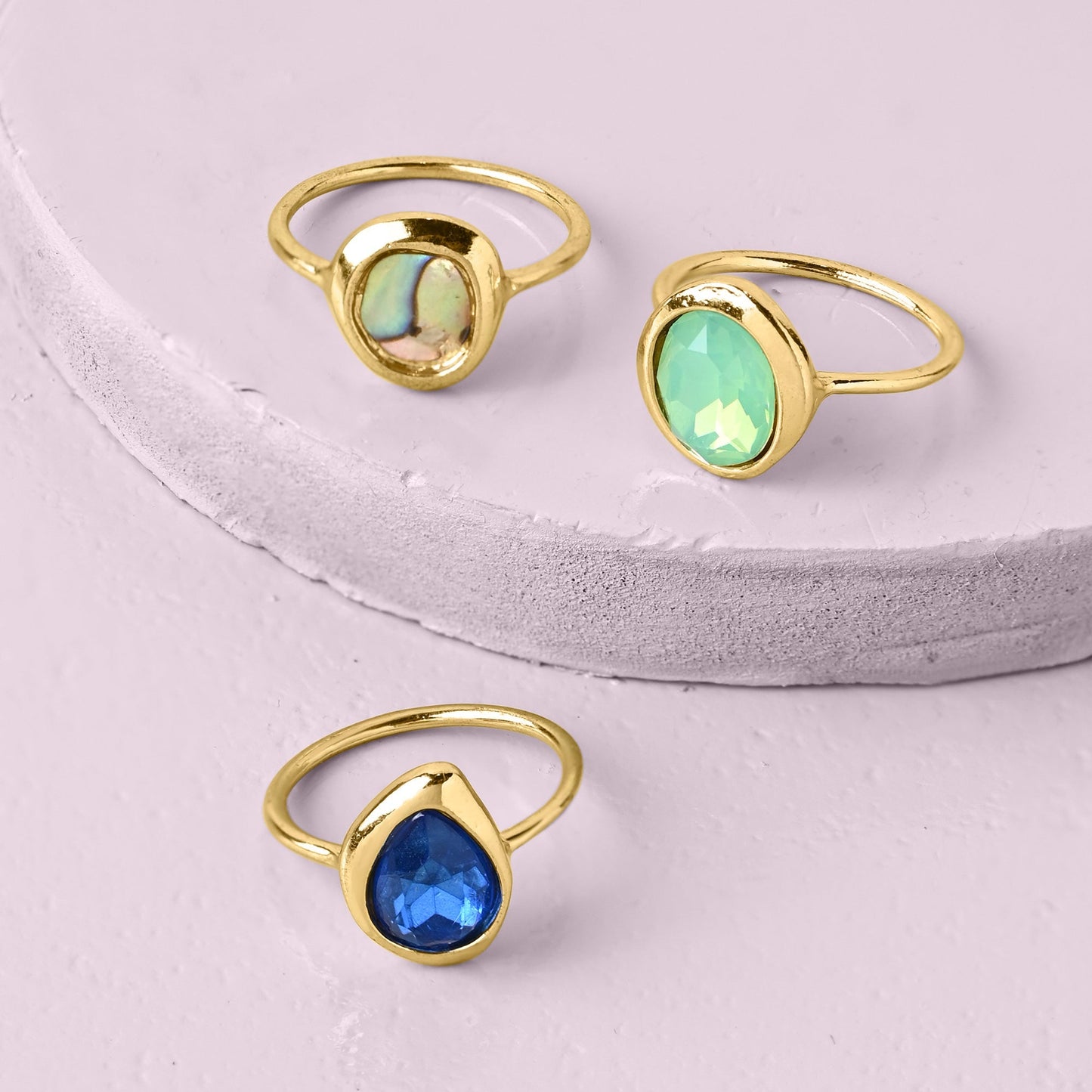 London Women's Gold Molten Gem Rings Green Set Of 3 - SMALL