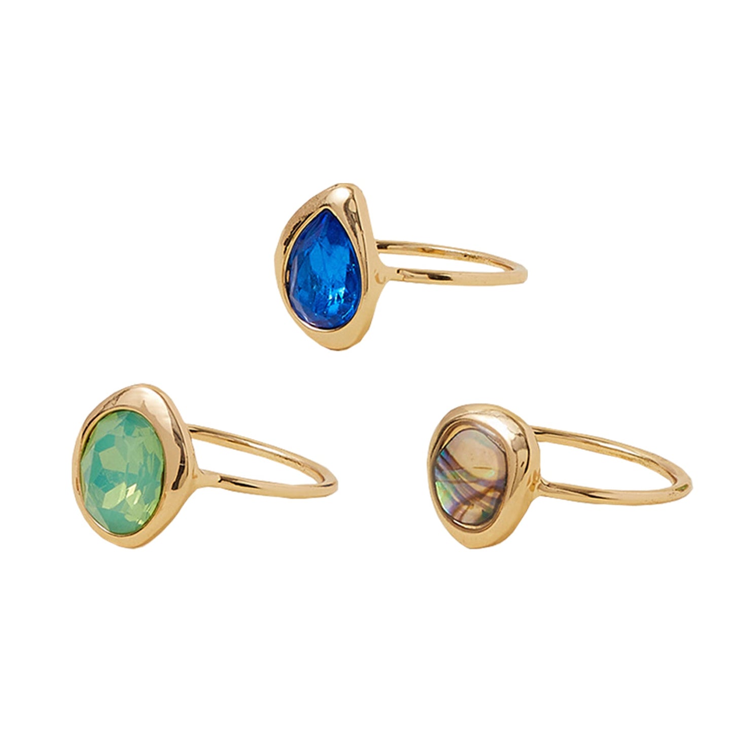 London Women's Gold Molten Gem Rings Green Set Of 3 - MEDIUM