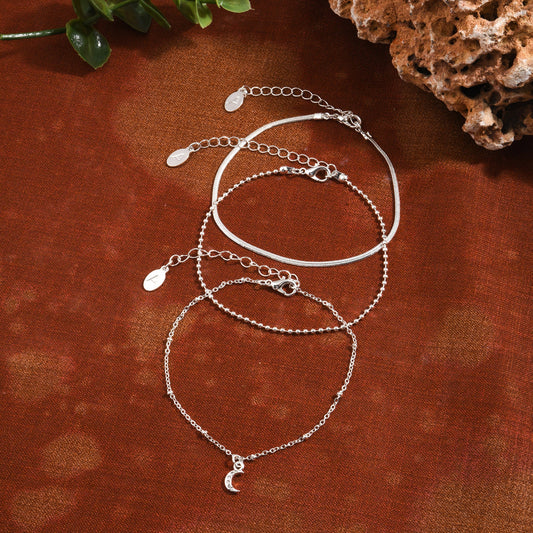 London Women's Silver Moon Chain Anklets Pack Of 3