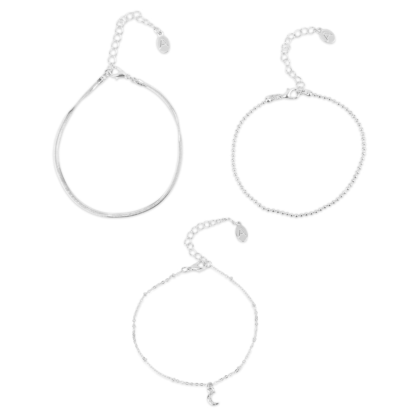 London Women's Silver Moon Chain Anklets Pack Of 3