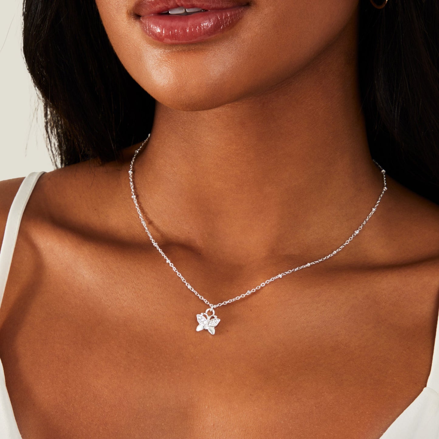 London Women's Silver Pave Butterfly Pendant Necklace