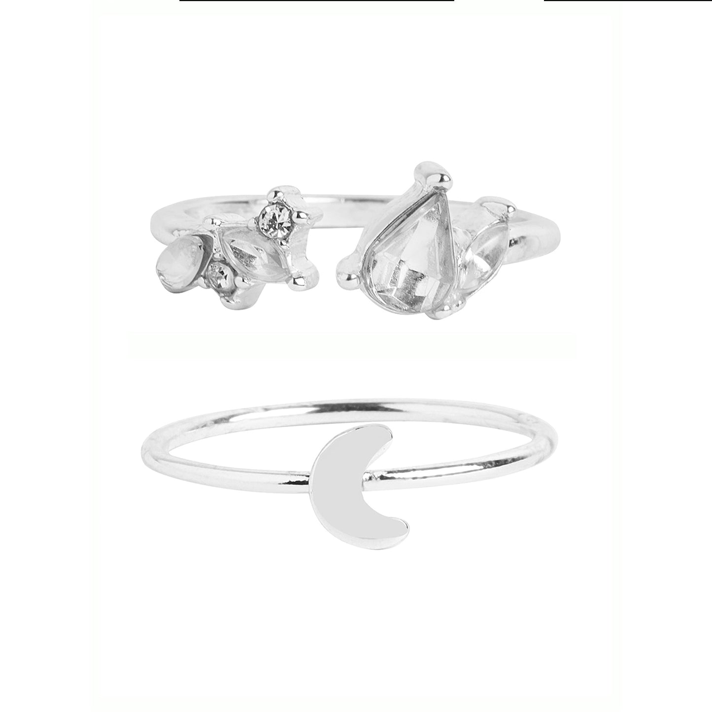 London Women's Silver Moon Crystal Rings Pack of 2 - Small