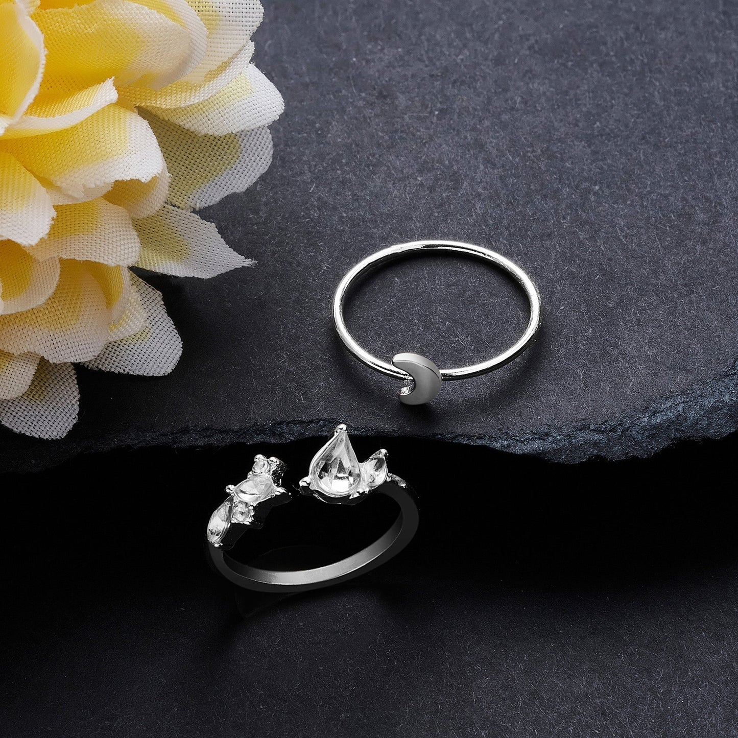 London Women's Silver Moon Crystal Rings Pack of 2 - Large