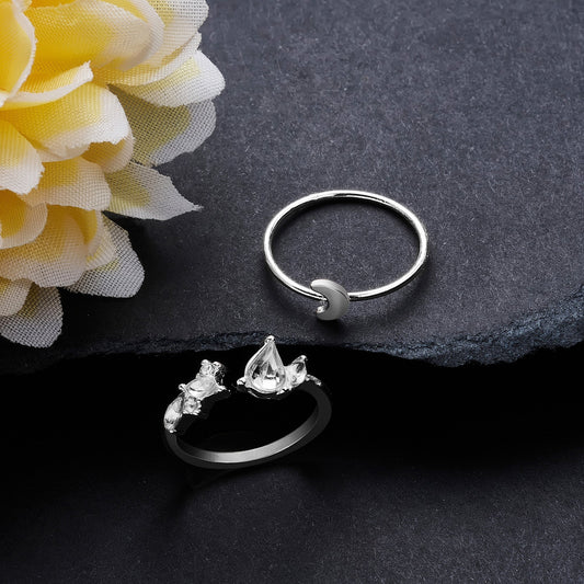 London Women's Silver Moon Crystal Rings Pack of 2 - Large