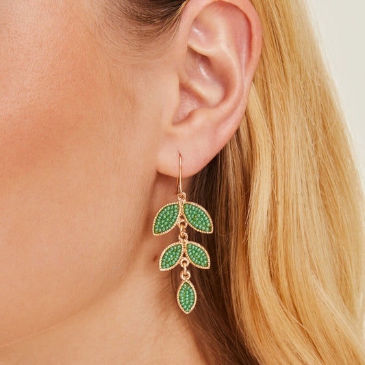 London Women's Green Beaded Leaf Drop Earrings
