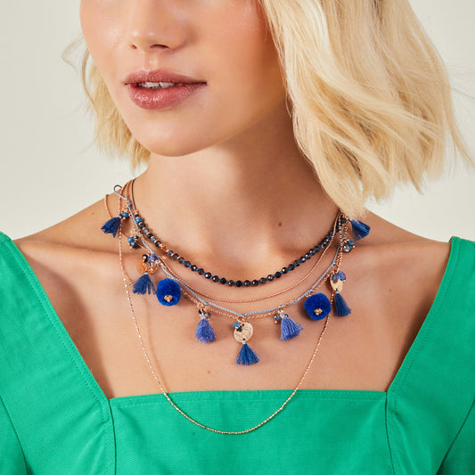 London Women's Blue Layered Coin Tassel Necklace