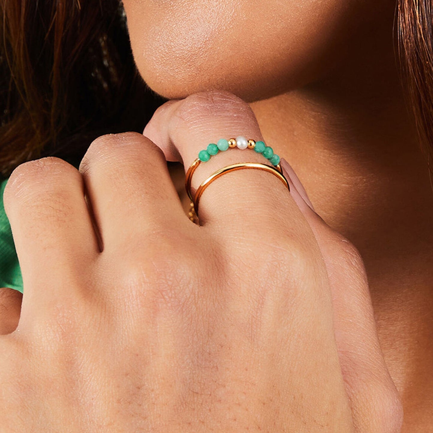 London Women's Z Real Gold Plated Pearl Beaded Rings Pack of 2 - LARGE