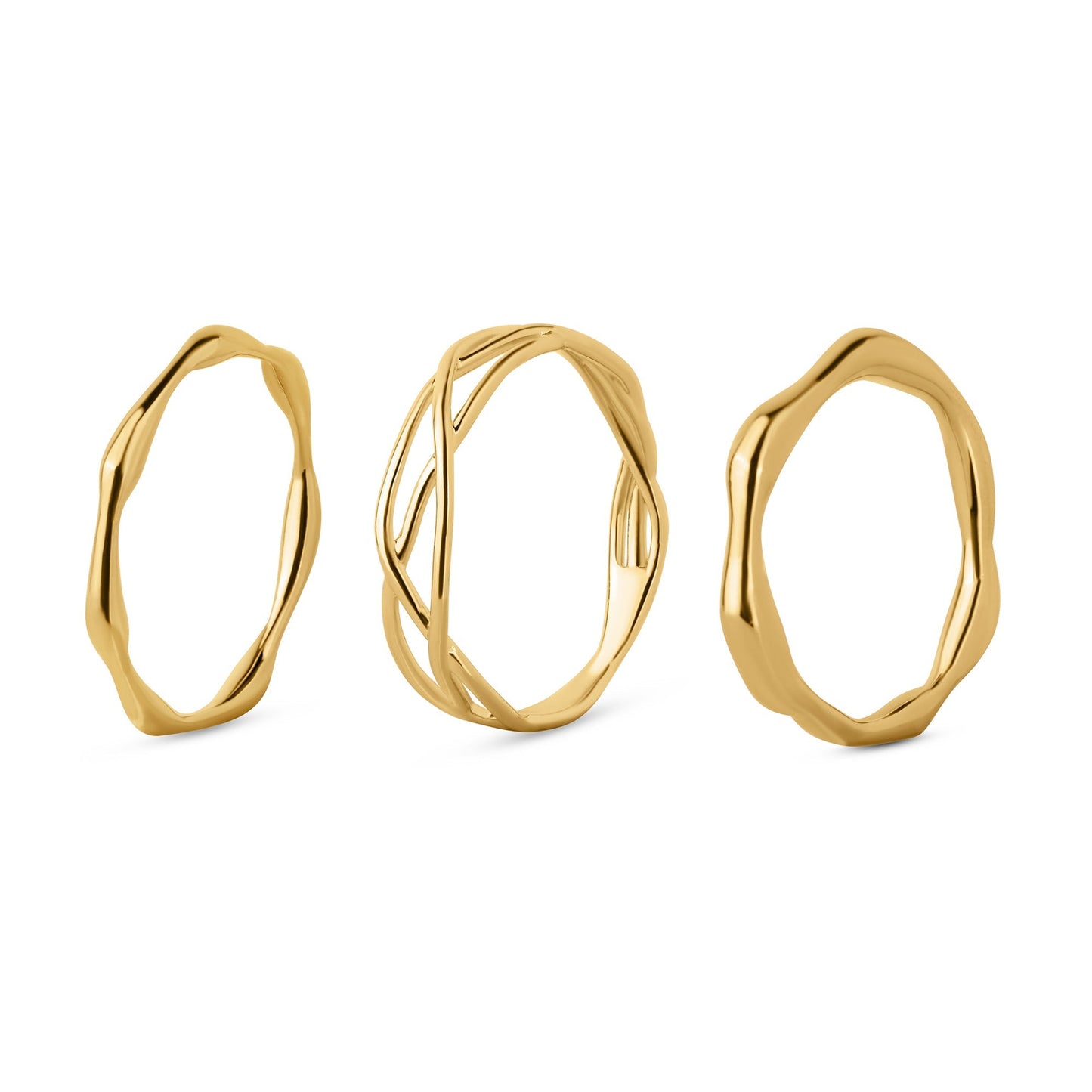 London Women's Z Real Gold Plated Molten Rings Gold 3-Pack-Small