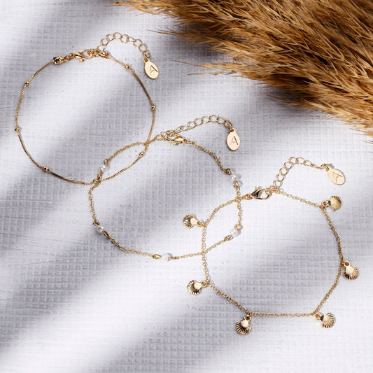 London Women's Gold Shell And Pearl Anklets Pack Of 3