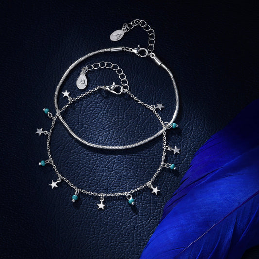 London Women Silver Star Beaded Anklets Pack Of 2