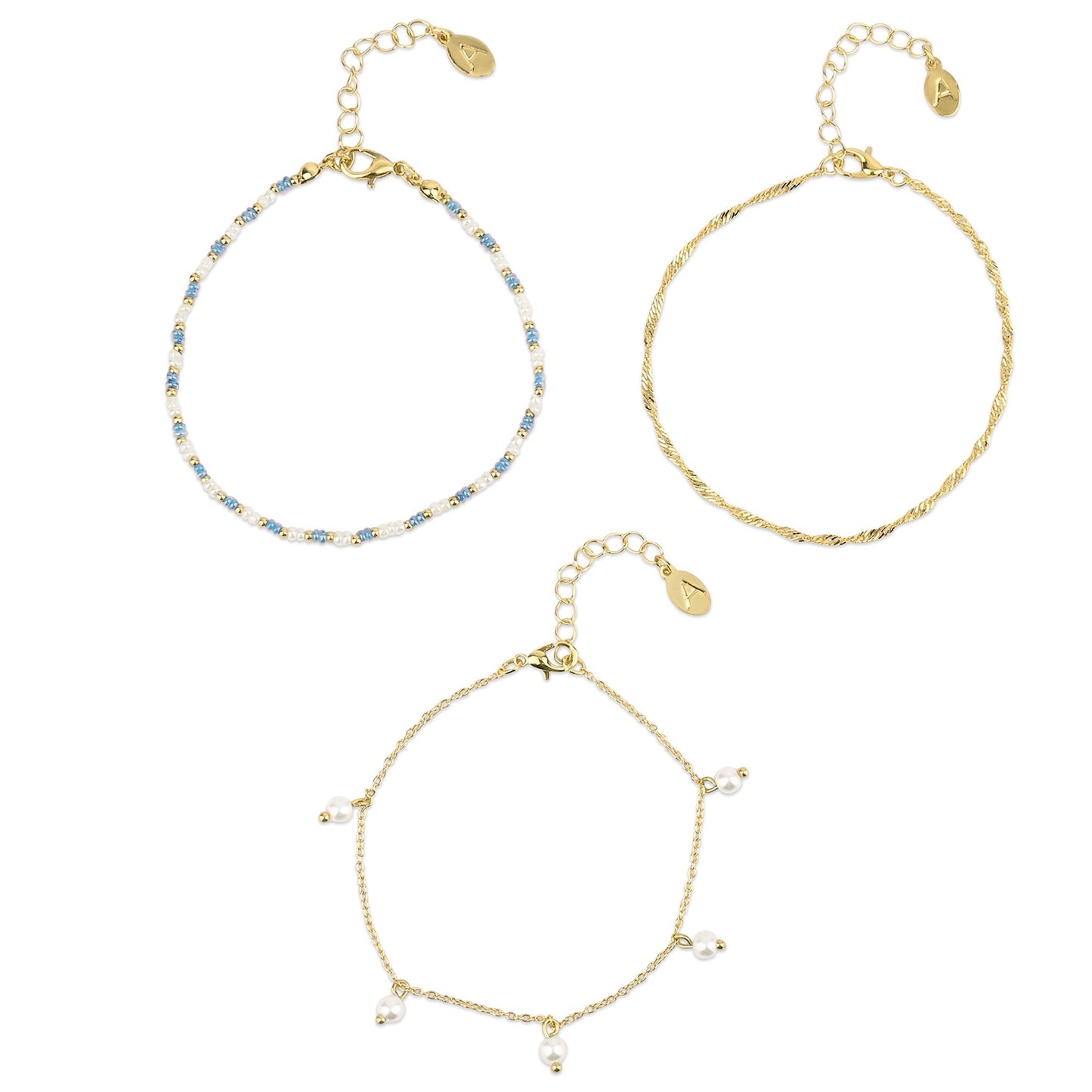 London Women's Gold Facet Bead Anklets Pack Of 3