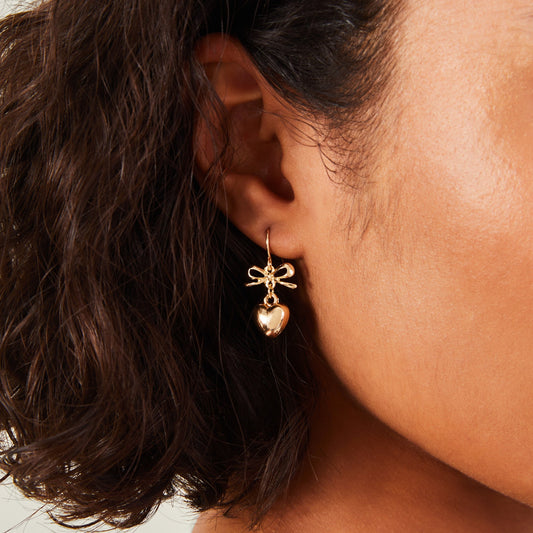 London Women's Gold Heart Bow Drop Earrings