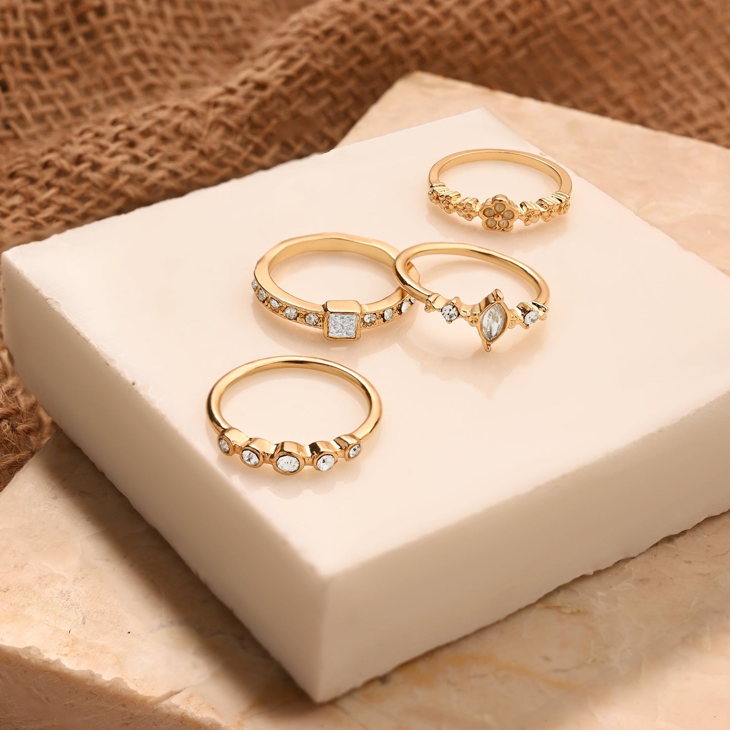 London Women Gold Flower Sparkle Rings White Pack Of 4-Large