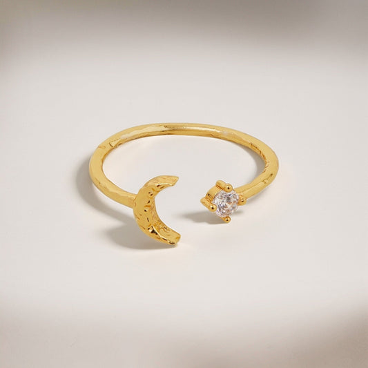 Real Gold Plated Adjustable Diamante Moon Ring