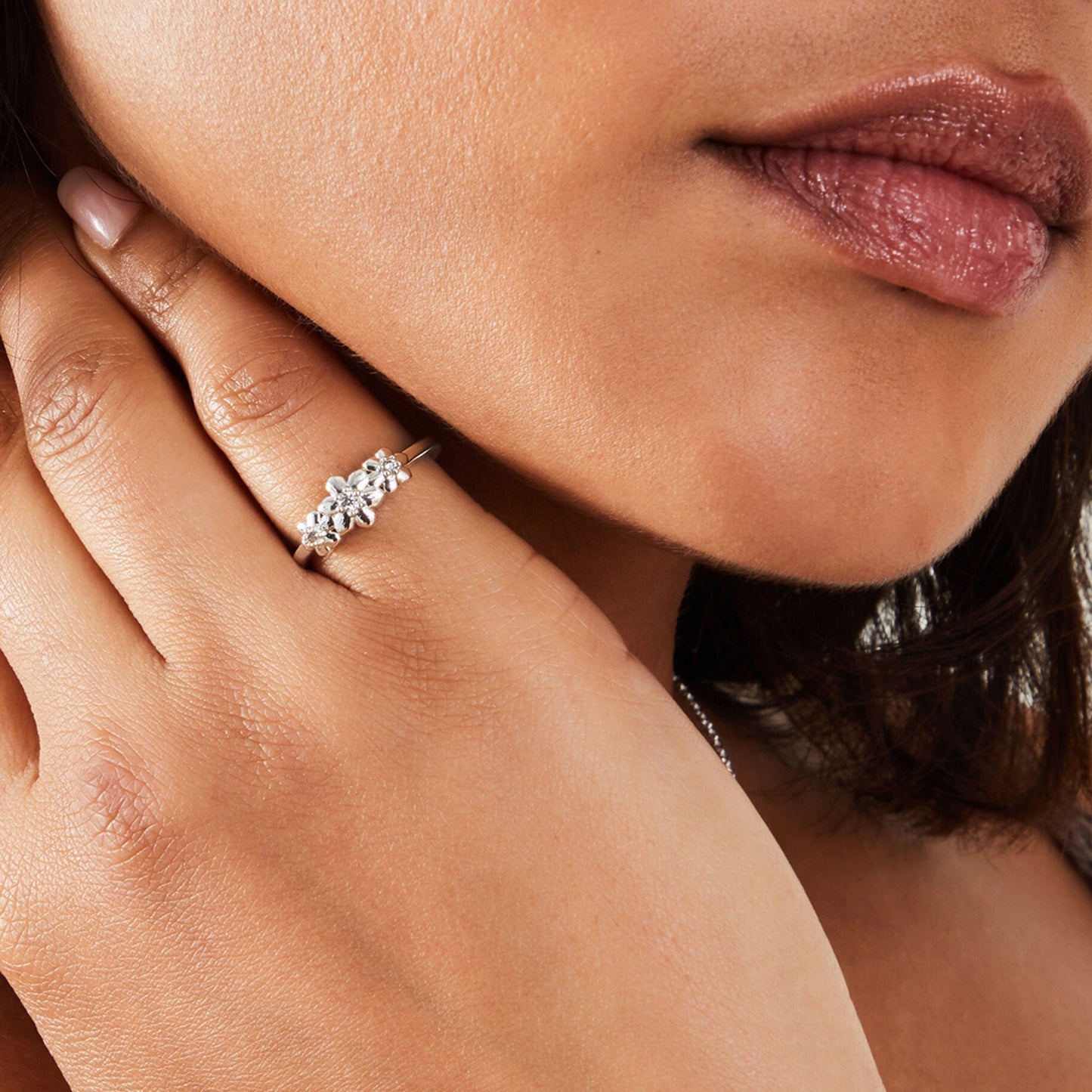 Sterling Silver-Plated Cubic Zirconia Flower Ring-Small